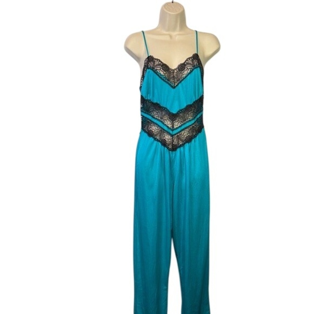 Petra‎ Fashions Teal Black Lace V Neck Spaghetti Strap Jumpsuit Size S